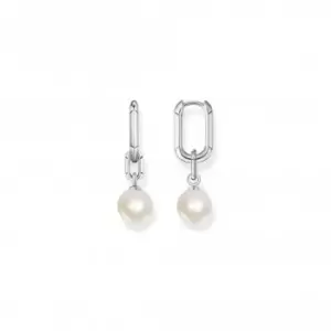 image of Sterling Silver Pearl And Links Hoop Earrings CR690-082-14