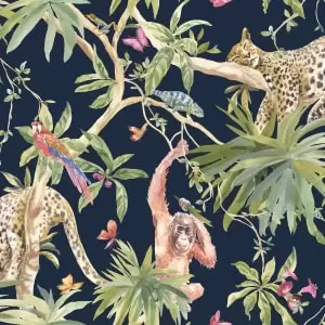 image of Holden Decor Jungle Animals Navy Wallpaper - 10.05m x 53cm