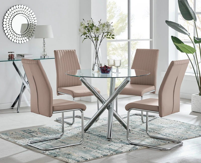 Image of FurnitureboxUK FurnitureboxUK Selina Round Glass And Chrome Metal Dining Table And Lorenzo Chairs Set in Beige Size: 2 Person Beige 2 Person Unisex
