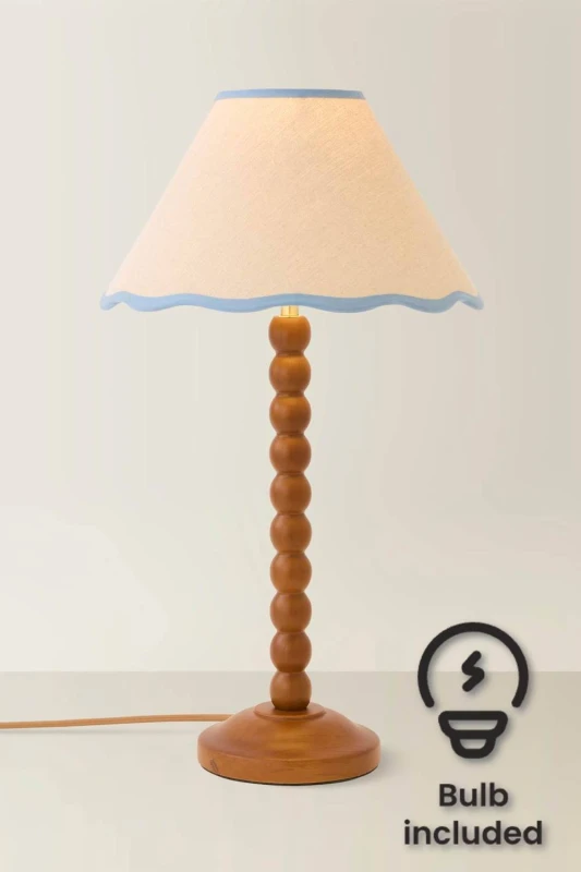 Image of ValueLights Bobbin Colour Trim Linen Shade Walnut Bobble Table Lamp with Bulb in Baby Blue Baby Blue Unisex