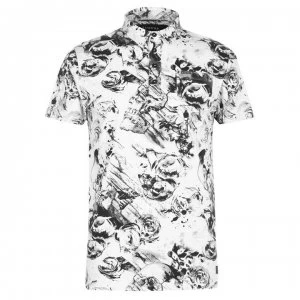 Image of Firetrap Printed Polo Shirt Mens - Ecru Skull AOP