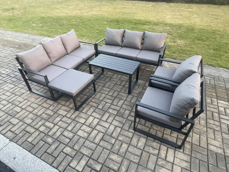 Image of Fimous Aluminium Outdoor Garden Furniture Set 9 Seater Garden Sofa with Oblong Coffee Table Big Footstool Dark Grey Dark Grey Unisex