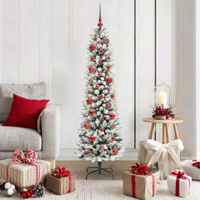 Image of vidaXL Artificial Christmas Tree with 150 LEDs, Red Balls Green and white 150 cm, Green 3396093