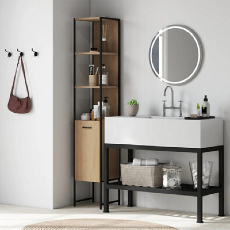 Image of HOMCOM Tall Bathroom Cabinet with 3 Open Shelves Adjustable Shelf, Natural, Multi 834-839V01ND