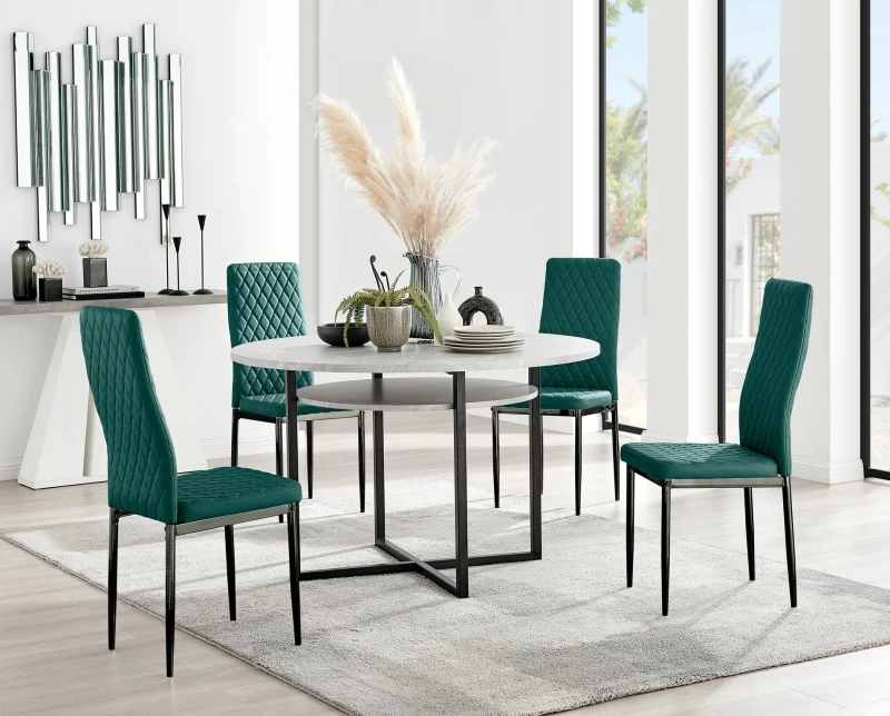 Image of FurnitureboxUK FurnitureboxUK Adley Grey Concrete Effect And Black Round Dining Table with Shelf and 4 Velvet Milan Dining Chairs in Green Green One S