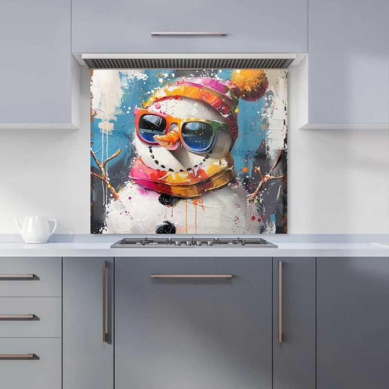 Image of Warren Reed - Designer Vibrant Snowman with Style Kitchen Splashback in Black Size: 600mm x 750mm Black Unisex 600mm x 750mm