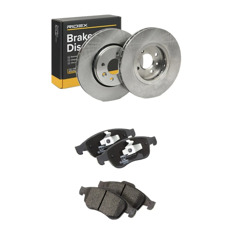 Image of RIDEX 3405B2094 Brake disc and pads set Front Axle, Brake Disc Type: internally vented, not prepared for wear warning indicator Brake Set,disc brakes