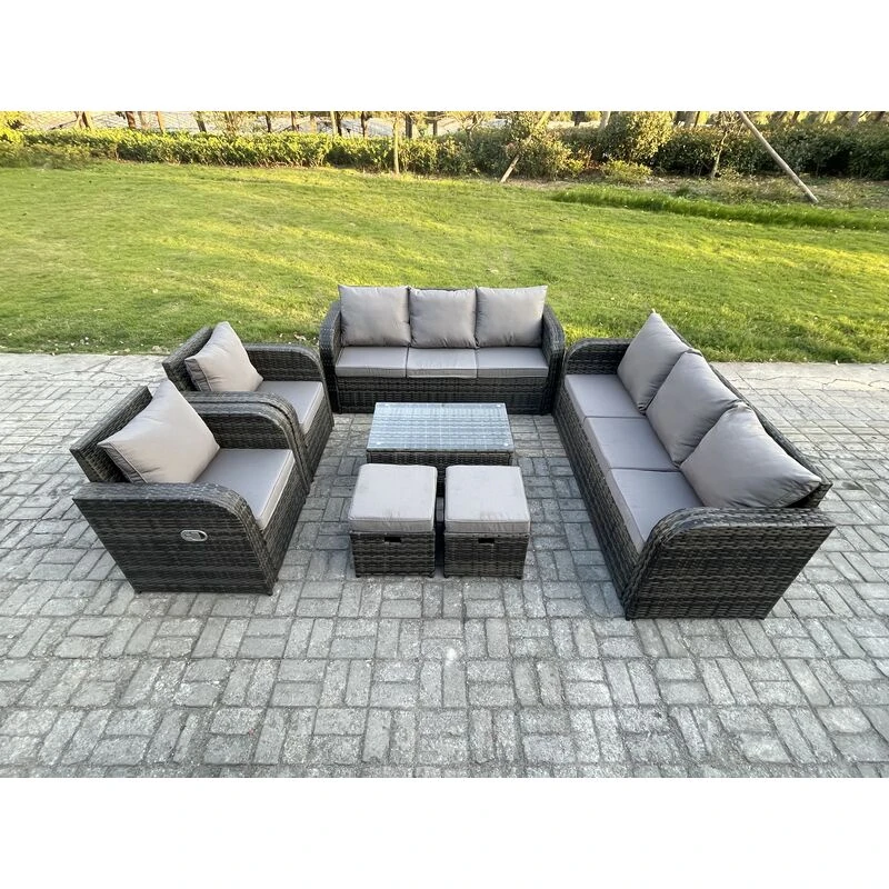 Image of Fimous Rattan Outdoor Garden Furniture Sofa Set Patio Table & Chairs Set with 3 Seater Sofa Reclining Chair 2 Small Footstools Dark Grey Mixed Dark Gr