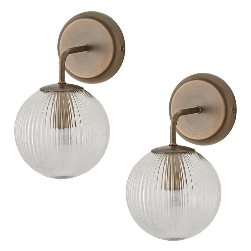 Image of ValueLights ValueLights Kempton Pair of Ribbed Glass Globe Shade Wall Lights with Bulbs in Bronze Bronze One Size Unisex 5059406071522