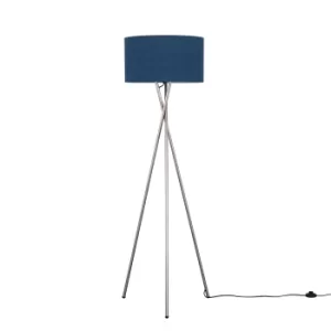 Image of Camden Brushed Chrome Tripod Floor Lamp with XL Navy Blue Reni Shade