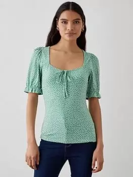 image of Dorothy Perkins Sweetheart Tie Detail Printed Top - Sage, Green, Size L, Women