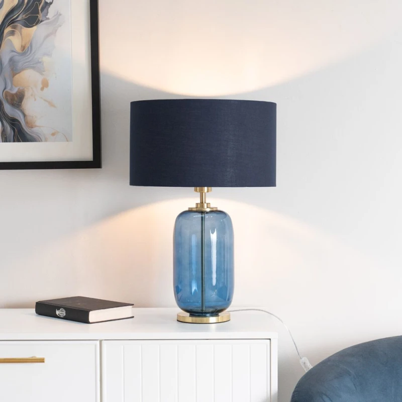 Image of ValueLights ValueLights Leigh Fabric Drum Shade with Navy Blue Glass and Gold Trim Table Lamp with Bulb Navy One Size Unisex 5059406049668