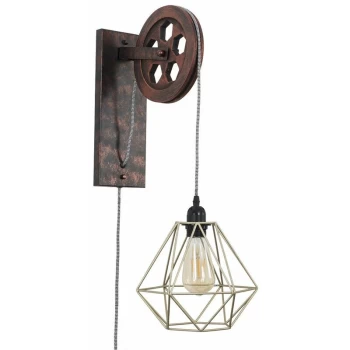 image of Industrial Metal Rise & Fall Wheel Wall Light - Gold - No Bulb