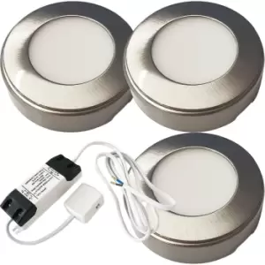 Image of 3x BRUSHED NICKEL Round Surface or Flush Under Cabinet Kitchen Light & Driver Kit - Natural White LED