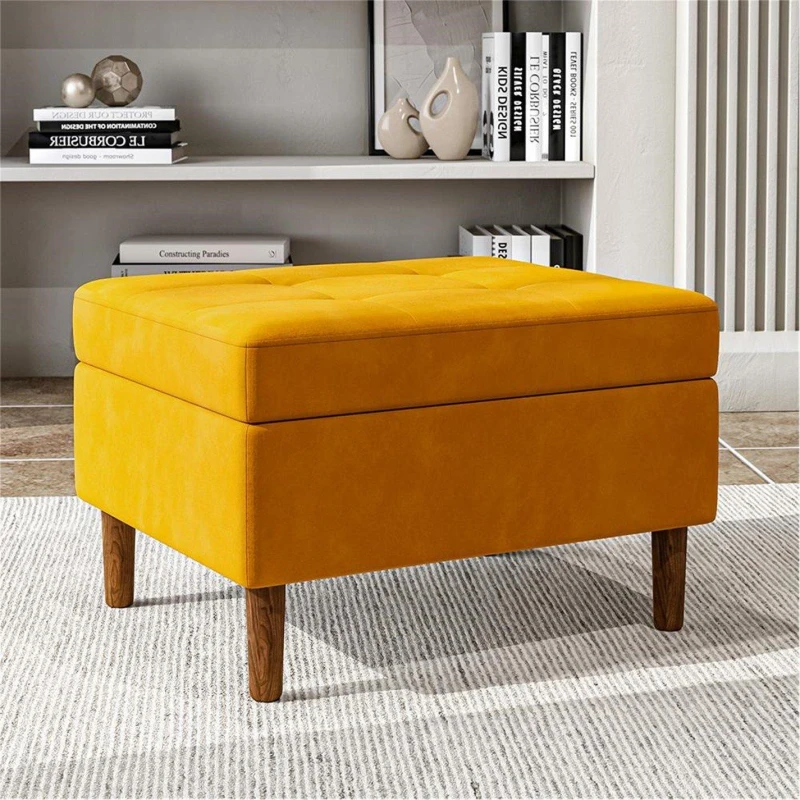 Image of Cottonfy UK Rectangular Velvet Ottoman with Checkered Design - Yellow Yellow M