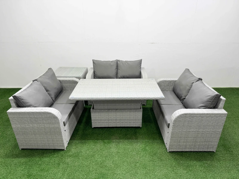 Image of Fimous 6 Seater PE Wicker Rattan Furniture Sofa Sets with Adjustable Lifting Dining or Coffee Table 2 Seater Love Sofa Side Table Light Grey Light Gre