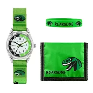 image of Tikkers Boys Green Canvas Rip Strap Dinosaur watch, bracelet and wallet set ATK1049