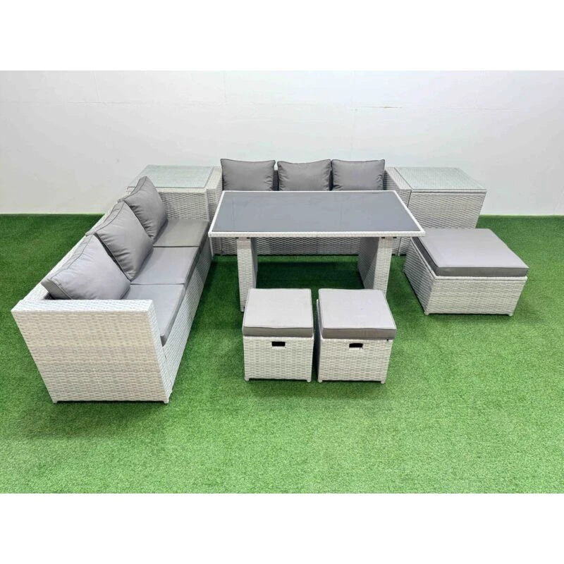 Image of Fimous 9-seater Patio Rectangular Table Sofa Set with 2 Side Tables 3 Stools in Light Grey Light Grey Unisex
