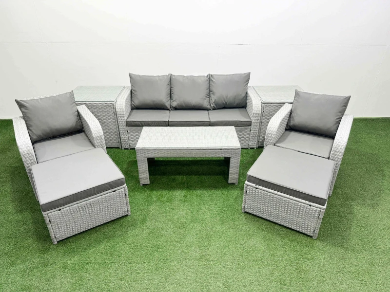 Image of Fimous PE Rattan Garden Furniture Set Reclining Chair Sofa Lounge Sofa Set Rectangular Coffee Table 2 Side Table 2 Big Footstool Light Grey Light Grey