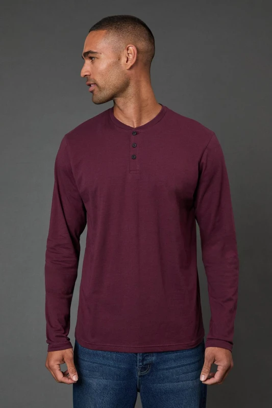 Image of Burton Burton Men Burgundy Long Sleeve Grandad Neck T-Shirt Size: Medium Burgundy M Male 5045771830918
