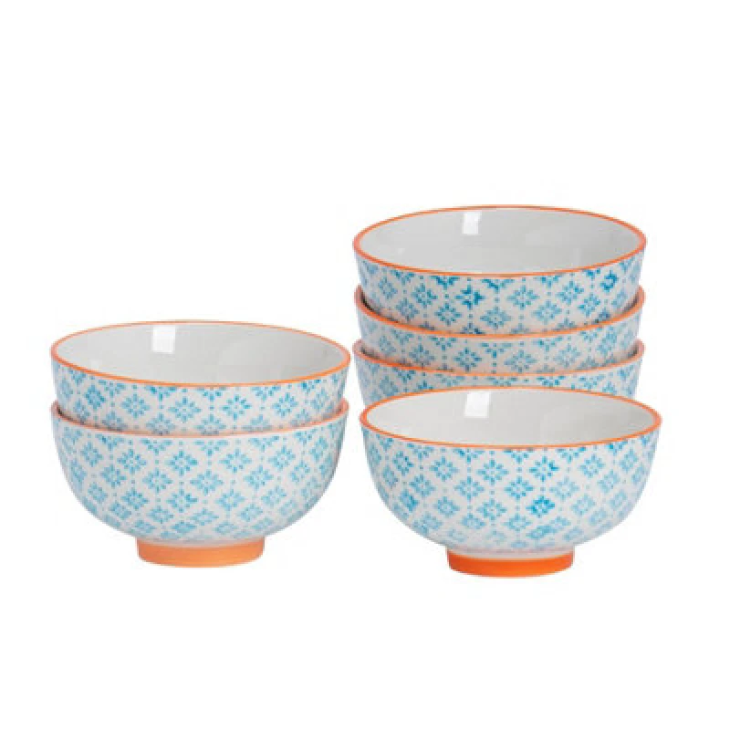 Image of Nicola Spring Hand-Printed Rice Bowls - 12Cm - Blue - Pack Of 6