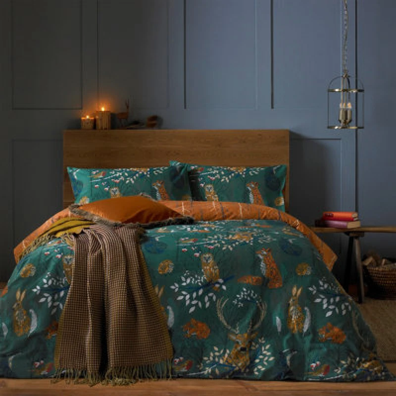 Image of Furn. Forest Fauna Woodland Reversible Duvet Cover Set, King, Green