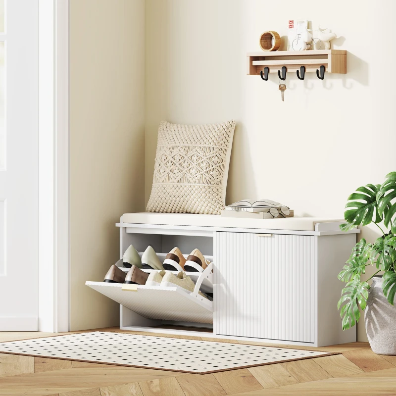 Image of HOMCOM HOMCOM Shoe Bench with Padded Seat Cushion and Flip-Drawer, 104x26x47.5cm in White White One Size Unisex 5063603833555
