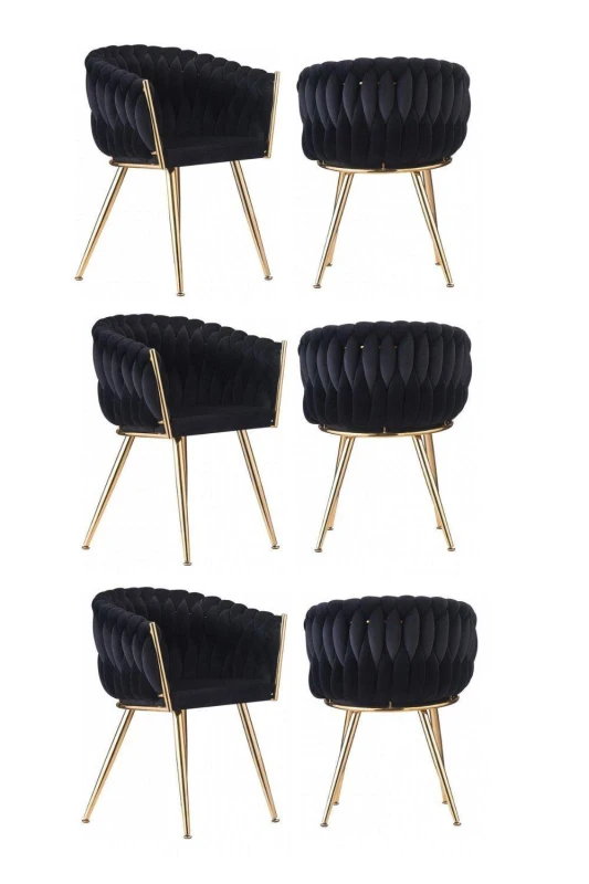 Image of Life Interiors Set of 6 Roma Knot Velvet Armchairs with Gold Metal Legs, Modern Tufted Design for Living Room in Black Unisex