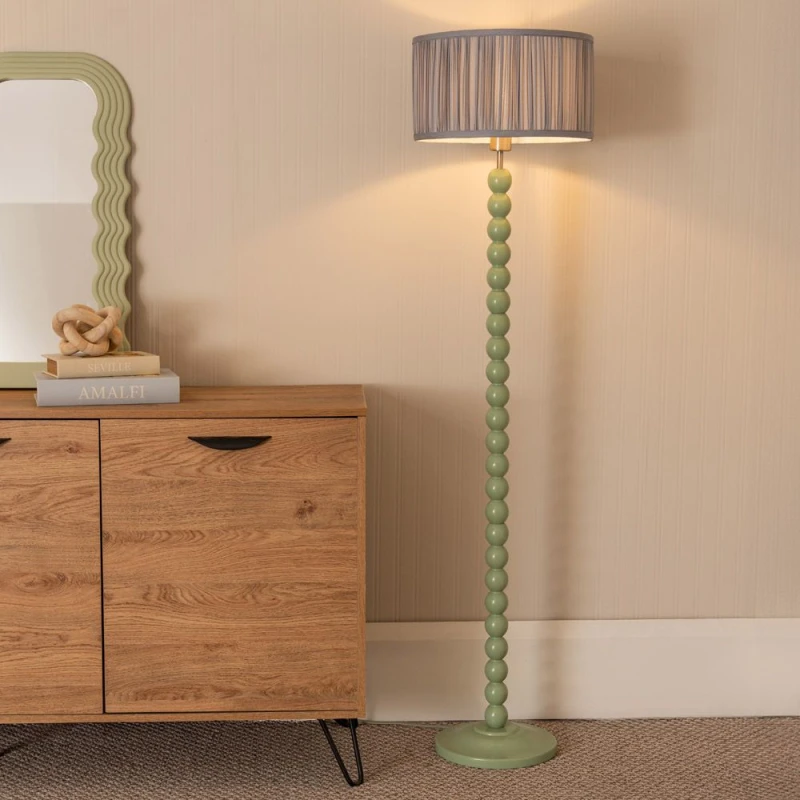 Image of ValueLights Bobbins Sage Green Floor Lamp with Ruched Pleated Drum Lamp Shade Baby Blue