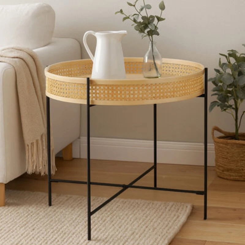 Image of Premier Housewares Natural Rattan Top Coffee Table With Cross Legs, Hand Woven Square Webbed Table, Sleek Wooden Coffee Table Natural