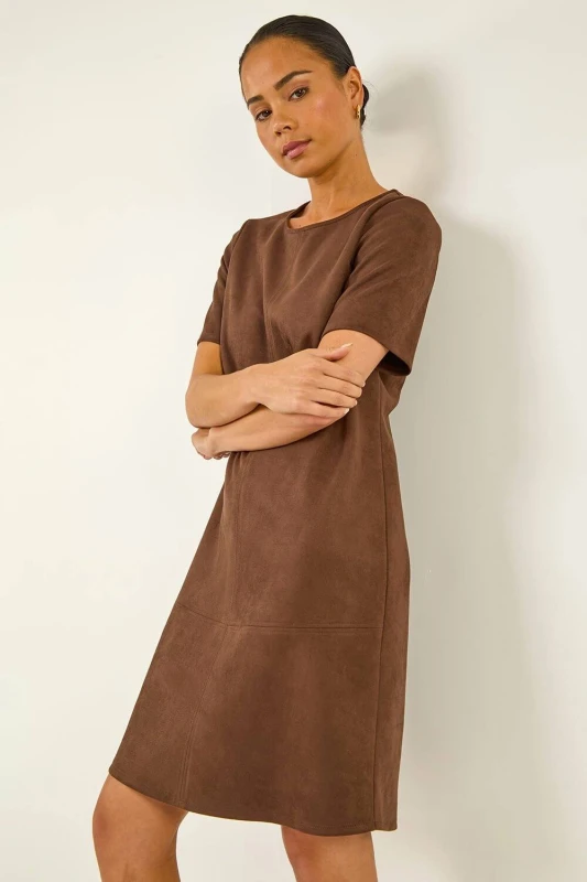 Image of Roman Womens Petite Premium Stretch Suede Shift Dress in Chocolate Size: 18 Chocolate Female 18
