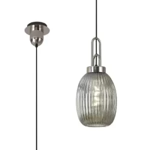 image of Yorktown Ceiling Pendant E27 With 20cm Almond Ribbed Glass, Smoked Polished Nickel, Matt Black