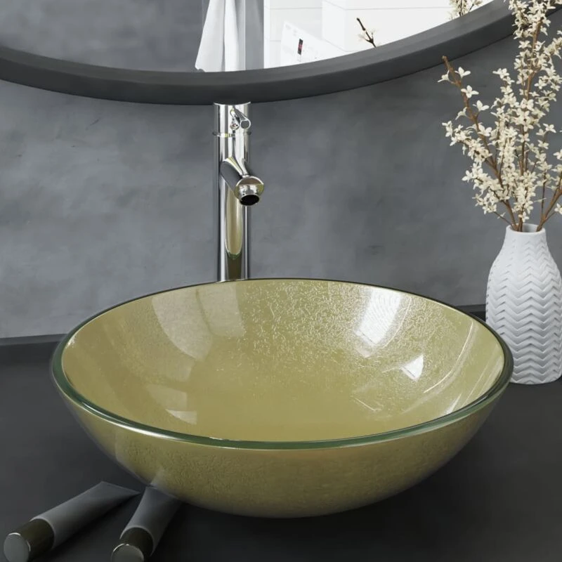 Image of vidaXL Bathroom Sink with Tap and Push Drain Gold Tempered Glass, Gold 3098459