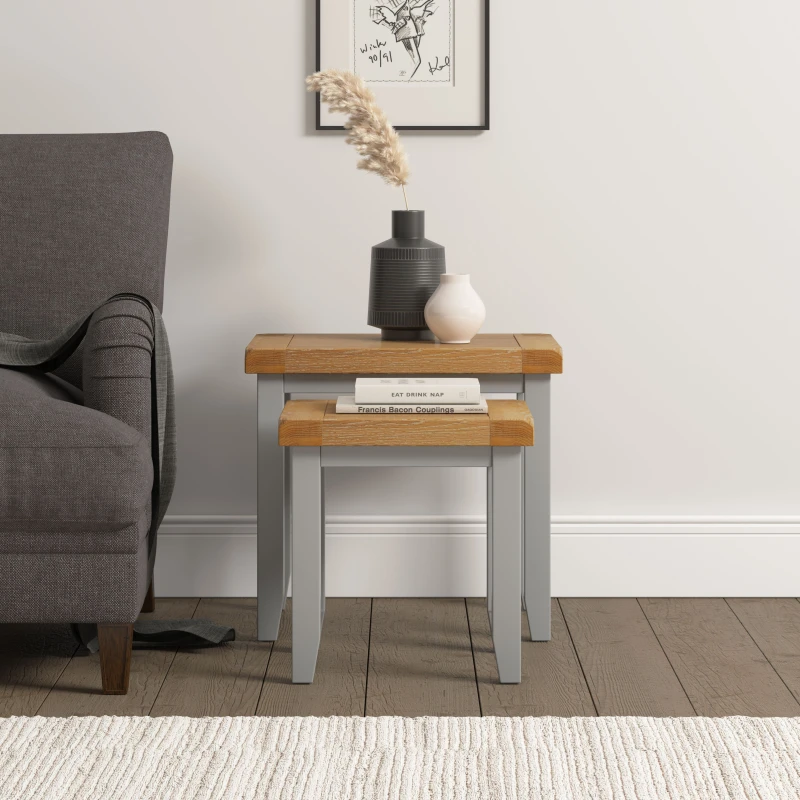 Image of Seconique Windsor Nest Of 2 Tables Pebble Grey With Real Oak Tops Fully Assembled