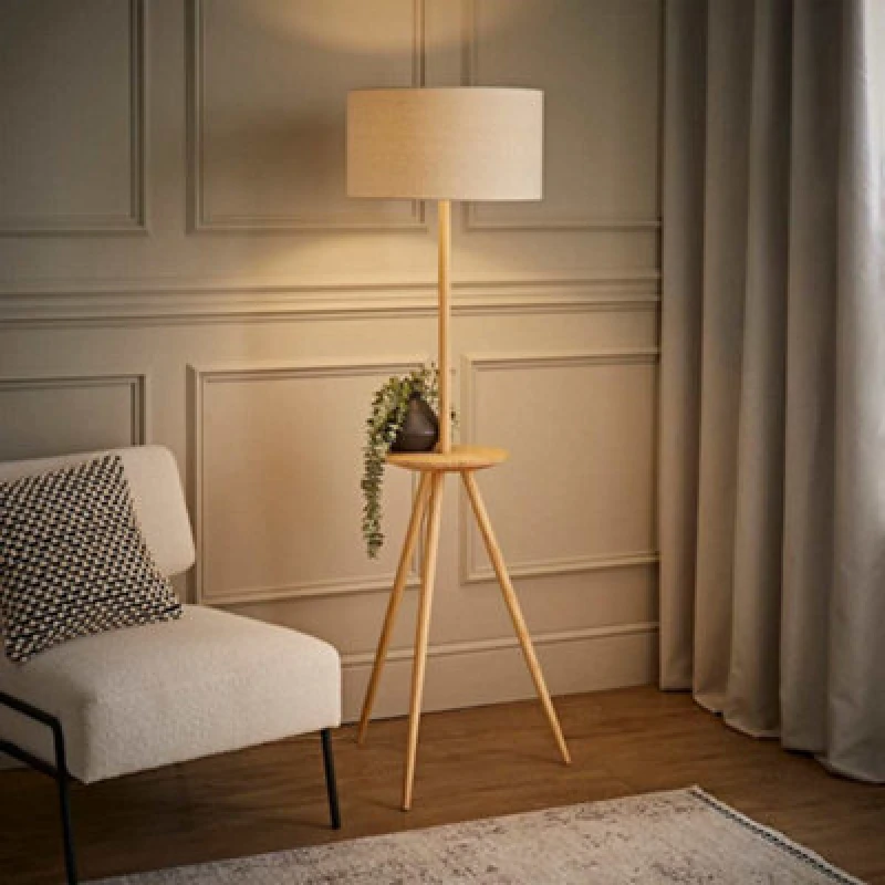 Image of ValueLights ValueLights Desmond Side Table Tripod Floor Lamp with Natural Linen Lamp Shade Natural One Size Unisex 5016529273462
