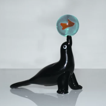 Image of Objets d'Art Miniature Glass Ornament - Sea Lion with Fish