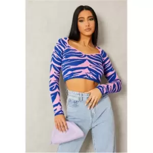 Image of I Saw It First Blue Sweetheart Neck Zebra Jacquard Knitted Crop Top - Blue