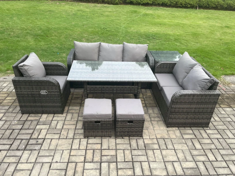 Image of Fimous 8 Seater Garden Rattan Furniture Dining Table Sofa Set Indoor Outdoor with Reclining Chairs Side Table 2 Small Footstools Dark Grey Mixed Dark