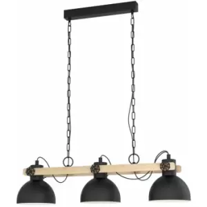 image of Hanging Ceiling Pendant Light Black & Wood Industrial Shade 3 Bulb Dining Lamp