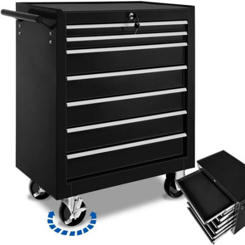 Image of TECTAKE Tool Box - with wheels, 7 drawers, central locking system - tool box, tool box on wheels, tool cabinet - Black 4260552084620