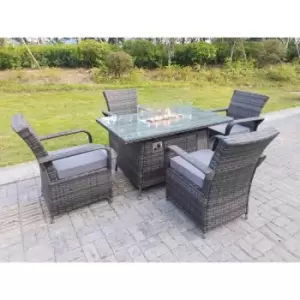 Image of Fimous 4 Seater Outdoor Dark Grey Rattan Lounge Complete Dining Table Set with Gas Fire Pit Round Dining Table and Rectangular Table