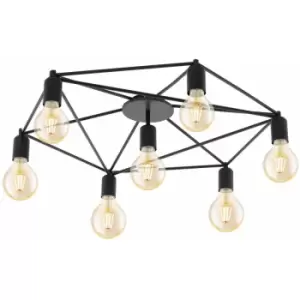 image of Loops - Wall Flush 7 Bulb Ceiling Light Colour Black Pentagon Shape Frame Bulb E27 7x60W