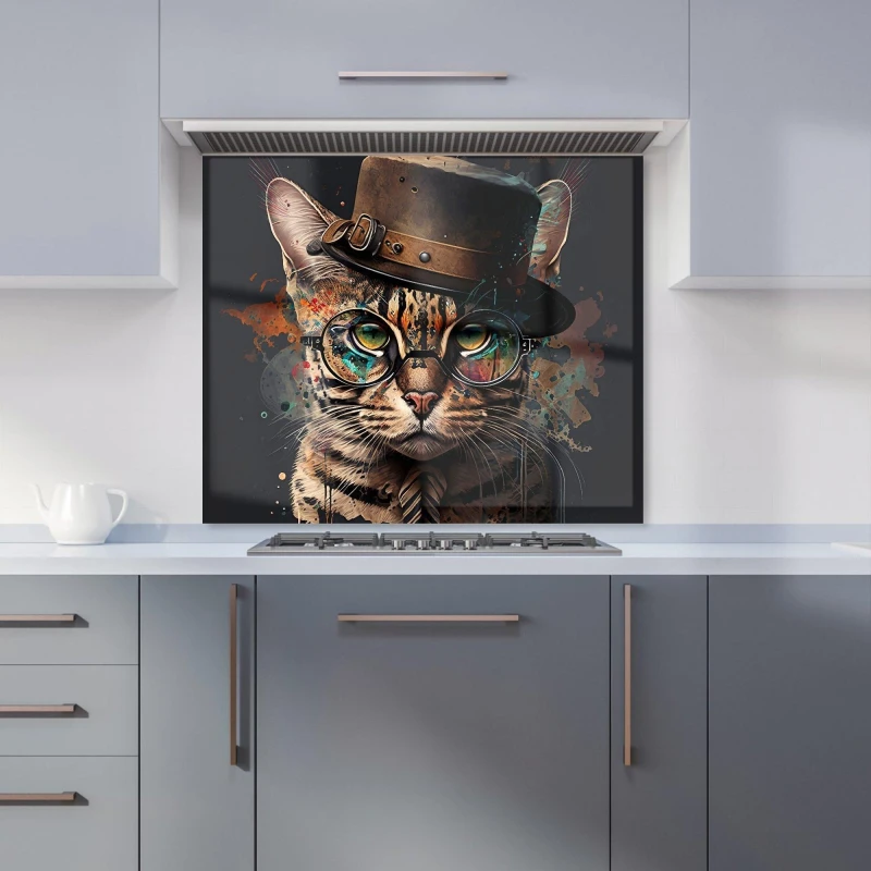 Image of Warren Reed - Designer Bengal Cat With Glasses Kitchen Splashback Size: 600mm x 750mm Multicolor Unisex 600mm x 750mm