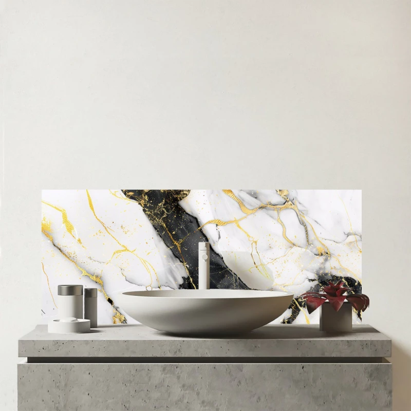 Image of Warren Reed - Designer Flecks Of Gold Marble Effect Glass Bathroom Splashback in White White Unisex
