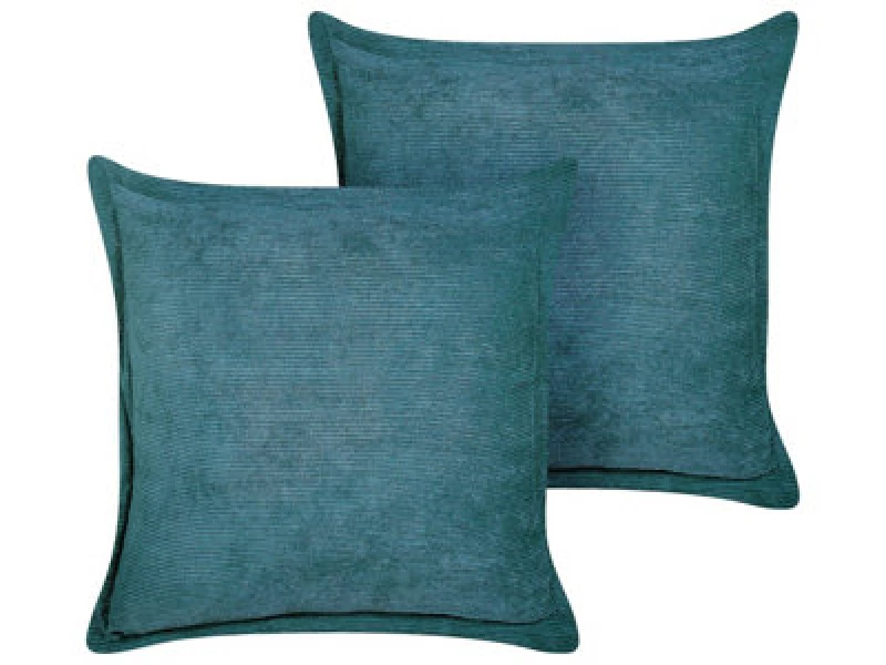 Image of Beliani Set Of 2 Decorative Cushions Zinnia Corduroy 43 X 43cm Teal Solid