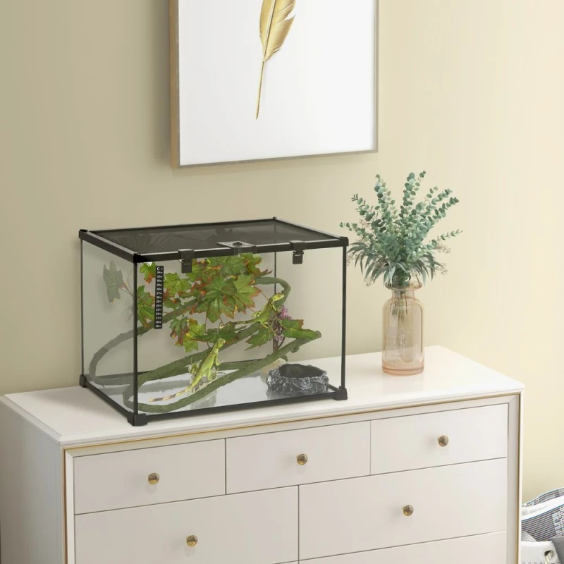 Image of PawHut Pawhut - Glass Reptile Terrarium with Thermometer and Decor Kit, Heated, Black 52.5L 5056725517649