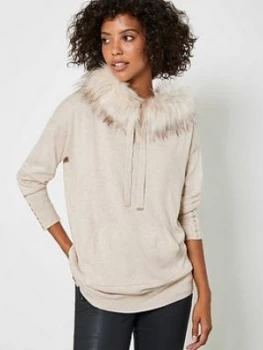 Image of Mint Velvet Faux Fur Longline Hoodie - Neutral