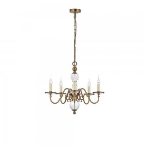 Image of 5 Light Multi Arm Ceiling Pendant Chandelier Antique Brass, Crystal, E14