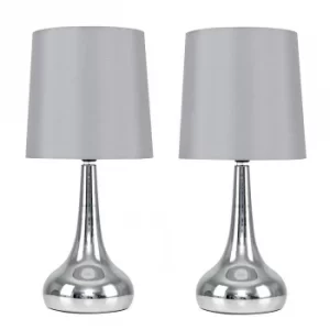 Image of Pair of Chrome Teardrop Touch Table Lamps With Grey Shades