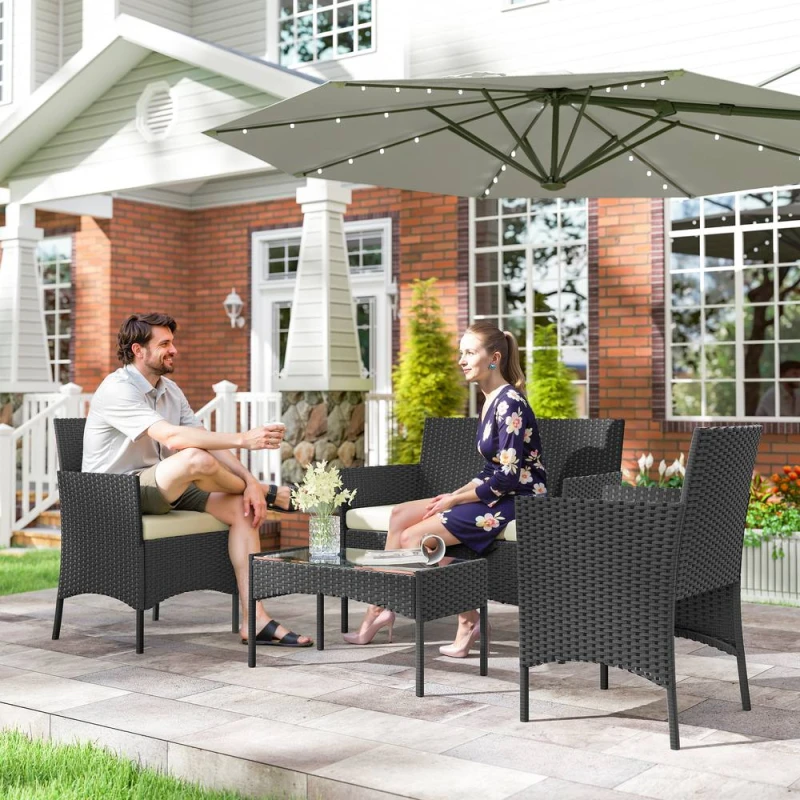 Image of OUTSUNNY 4 Piece Rattan Garden Furniture Sofa Set with Cushions, Cream White Cream Unisex